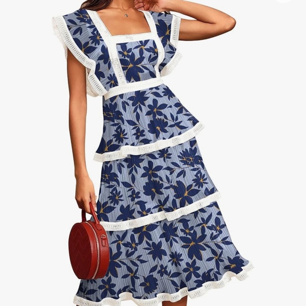 Blue floral midi layered dress